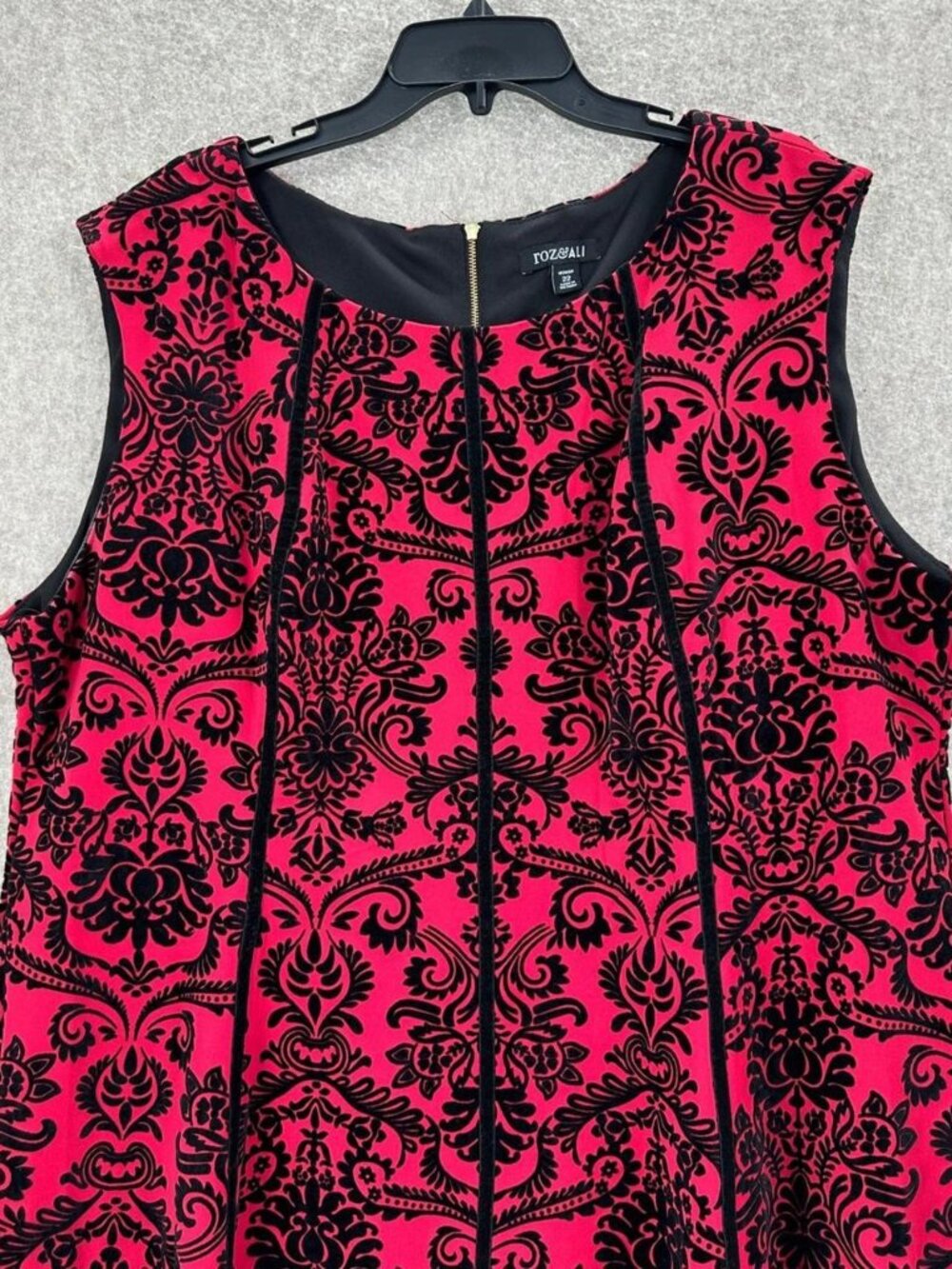 Roz & Ali Red Midi Dress w/Black Velvet Damask Flocking (Size 24) - Picture 7 of 8